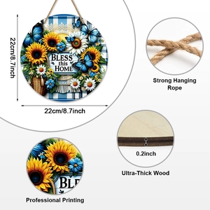 Floral round wooden home sign with sunflower, butterfly, and BLESS this HOME text