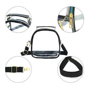 Detail shots of transparent PVC crossbody bag showing rainbow zipper and golden metal hardware