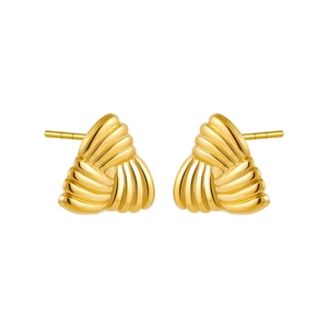 Close-up of gold 18k stainless steel hoop earrings with textured twisted triangle design