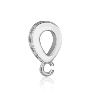 Macro shot of silver teardrop pendant clasp with polished finish and open C-ring connector