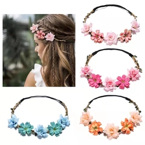 Floral Wreath Headband Artificial Satin Flower Garland Forest Style Elastic Hair Band For Wedding Beach Vacation Party Women