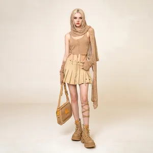 Jupe plissée utilitaire kaki vintage au style tactique du désert pour femme chic