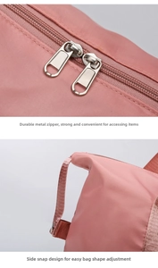 Detail of pink waterproof nylon travel bag showing durable dual metal zippers and side snaps