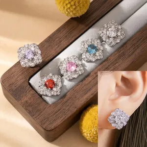 Retro Square Flower Zirconia Stud Earrings With Titanium Steel Screw Back Post For Women Vintage Helix Cartilage Jewelry