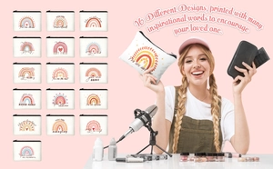 Detailed grid of sixteen printed canvas cosmetic bags with inspirational English quotes