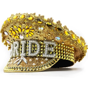 Golden Sequin Bride Captain Hat With Artificial Pearl Lettering Rhinestones Studs For Bachelorette Party Wedding Performance Women