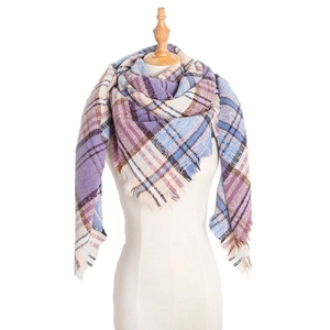 Plaid tassel triangle shawl scarf in purple and beige boucle yarn for women