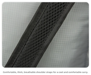 Close-up of thickened breathable mesh shoulder straps and ripstop nylon fabric on the backpack