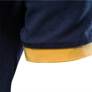 Men's cotton polo shirt in navy blue with yellow ribbed cuffs and pique texture