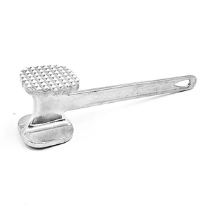 Dual-sided metal meat hammer with textured tenderizing surface and ergonomic hanging hole