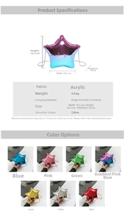 Detailed spec chart of star-shaped acrylic evening clutch with dimensions and colors