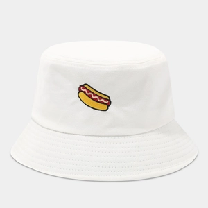 Close-up of high-quality hot dog embroidery detail on a white cotton fisherman bucket hat