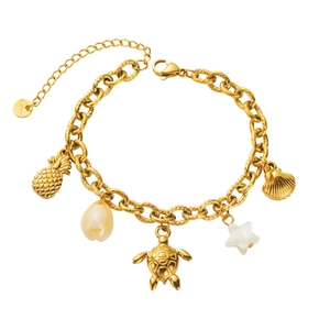 Gold stainless steel ocean-themed charm bracelet with shell, turtle, and starfish charms