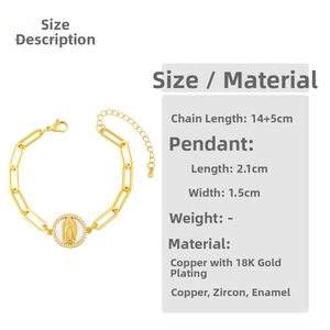 Detail of 18K gold plated chain bracelet with Virgin Mary pendant and zircon inlays