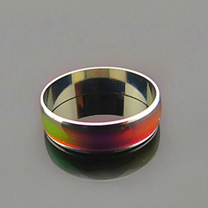 Close-up of a 6mm color-changing mood ring with a vibrant rainbow gradient effect