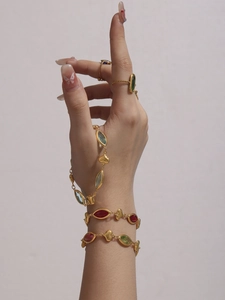 Detail of 18k gold plated bracelets with multi-color marquise-cut Czech glass stones