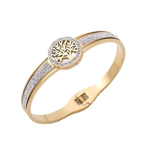 Golden stainless steel tree of life bangle with sparkling white rhinestones and open clasp