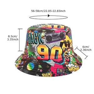 Retro 80s 90s style bucket hat with graffiti patterns for sun protection and outdoor use