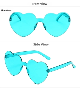 Détail de lunettes de soleil cœur sans monture bleu-vert de face et de profil