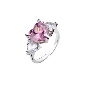 Adjustable silver heart ring featuring a large pink zircon center stone and white side gems