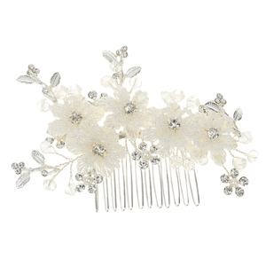 Elegant bridal hair comb with white resin flowers, pearls, and crystals for wedding hairstyle