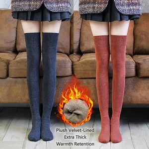 Women's over-the-knee knit socks in dark grey and red with warm thermal fleece lining