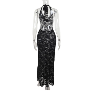 Detailed back view of a black lace halter maxi dress with an open-back ribbon design