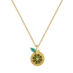 Luxury gold titanium steel necklace featuring a crystal lemon slice pendant with green gems