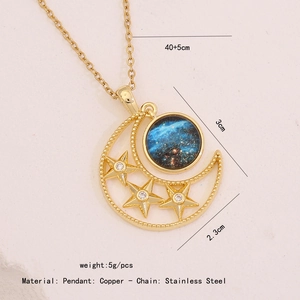 Detail of moon star pendant with blue nebula glass including size and weight specs