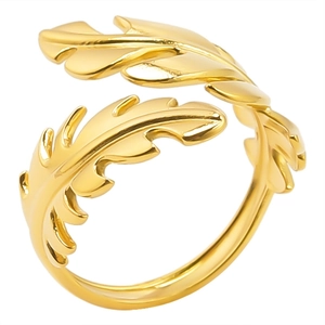 Minimalist adjustable golden stainless steel ring featuring double leaf texture design