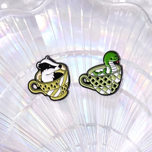 Creative magic academy enamel pins set featuring badger and snake in tea cups