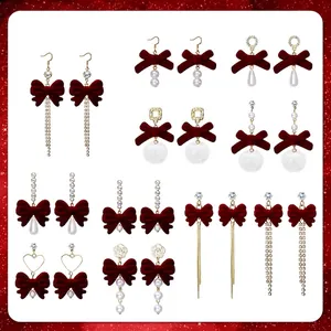 Set of 11 vintage wine red velvet bow earrings with pearls and crystals for women