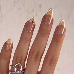 French Style Press On Nails Cherry Pattern Almond Shape Cream Pink Gold Edge Artificial Plastic False Nail Tips For Women