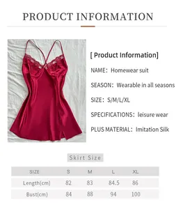 Tableau détaillé des tailles pour nuisette en satin pour femme avec dentelle et mesures