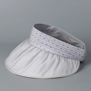 Detail of light gray sun visor featuring layered pleats with black polka dots patterns