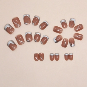 Silver irregular line nails with reddish-brown base and metallic French tip finish