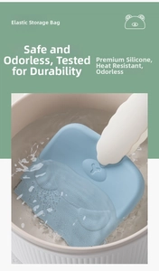 Detailed shot of heat-resistant blue silicone pouch being sanitized in boiling water
