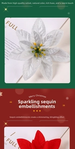 Detailed view of red and silver velvet poinsettia flowers with shimmering glitter petals