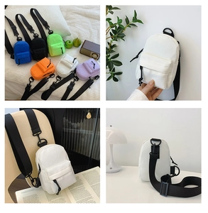 Detail showing various colors and adjustable strap of this mini nylon crossbody bag