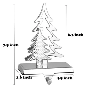 Silver Christmas tree stocking holder for fireplace mantel with detailed dimensions