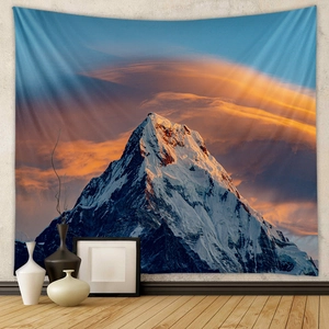 Detail of high-density polyester tapestry with golden mountain sunset scene wall hanging