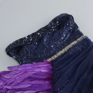 Gros plan de sequins luxueux et plumes violettes avec strass faits à la main sur robe