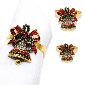Detail of Christmas bell napkin ring with red, green, and white rhinestones and size data