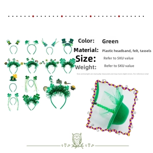 Detail of St. Patrick's Day headbands with green clovers, felt textures and rainbow charms