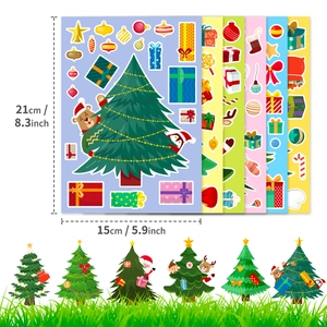 Detail showing 15x21cm Christmas DIY sticker sheets with festive trees and gift patterns