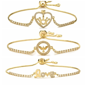 Adjustable Copper Bracelet Gold Plated Micro Pave Zircon Heart Crown Angel Love Charms Fashion Jewelry For Women