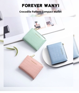 Detailed view of mint, pink, and blue crocodile pattern PU leather bifold wallets