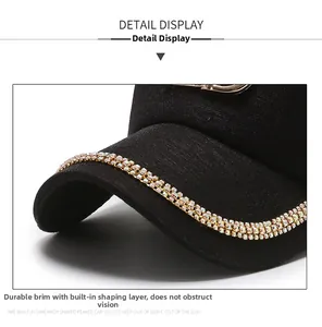 Detail of baseball cap brim with double-row rhinestones and built-in interlayer design