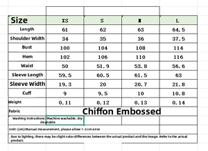 Size chart for sheer chiffon shirt with detailed measurements for XS to L sizes