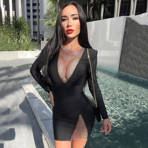 Sexy Figurbetontes Minikleid Für Damen Langarm Tiefer V-Ausschnitt Mit Strass-Mesh-Patchwork Club Party Abend Glamourös